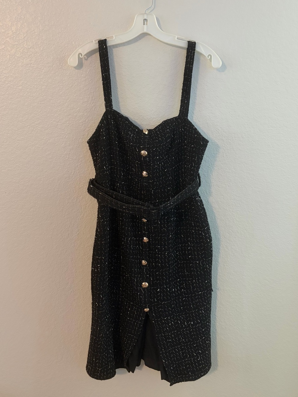 Cider Black Tweed Button-Front Midi Dress with Belt